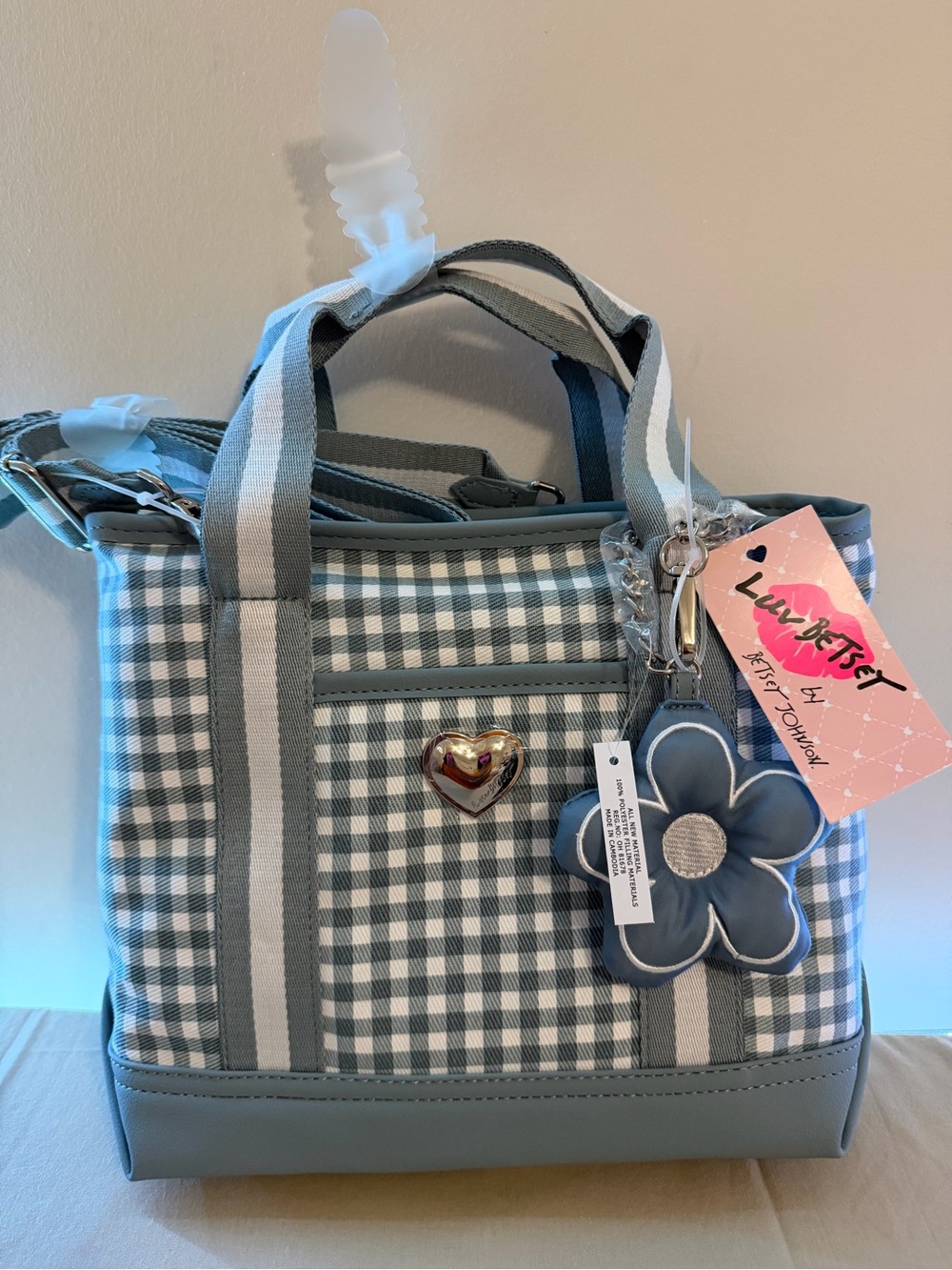 Blue Gingham Tote Bag with Flower Charm